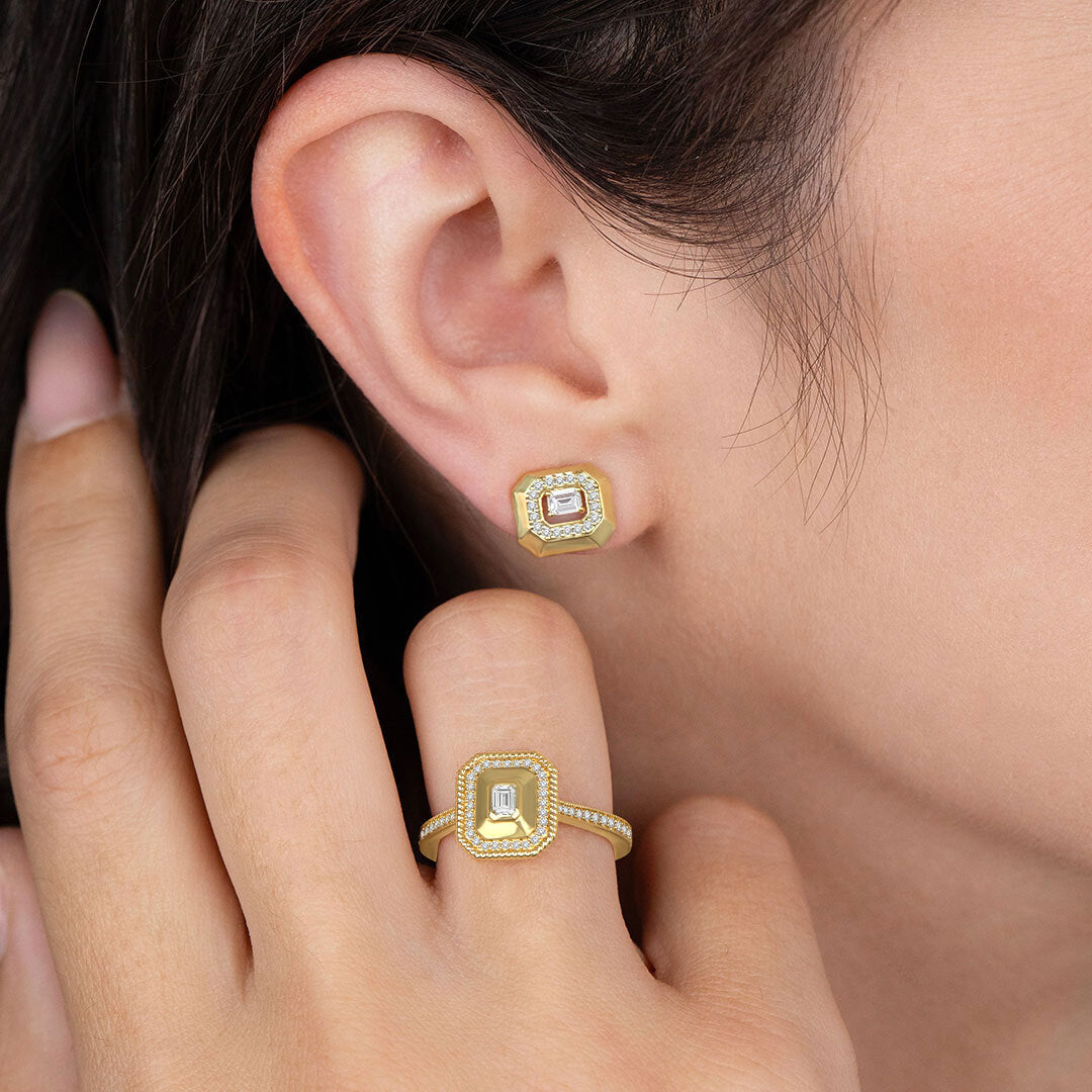 Octagon Shaped Art Deco Bold Diamond Earrings