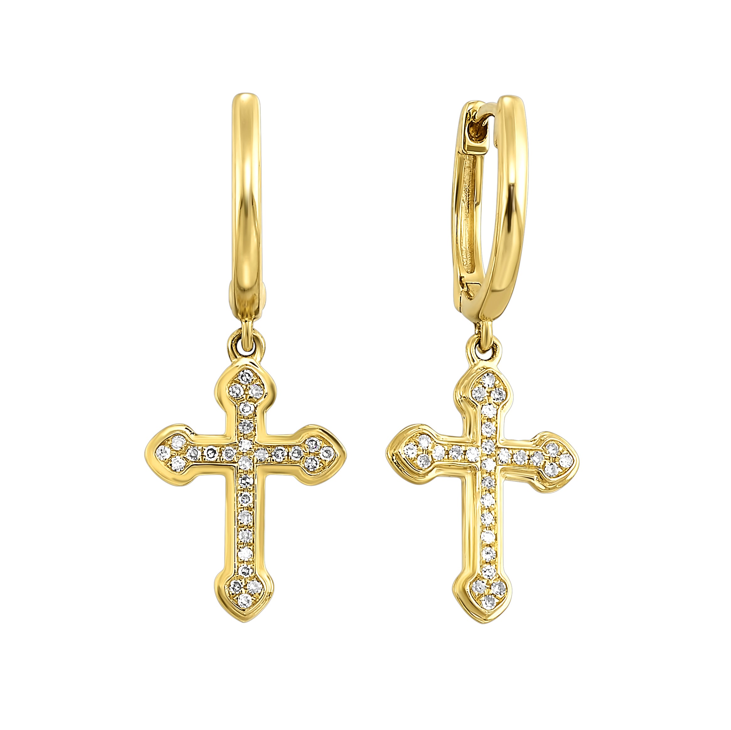 14Kt Yellow Gold Dangle Cross Diamond Hoop Earrings