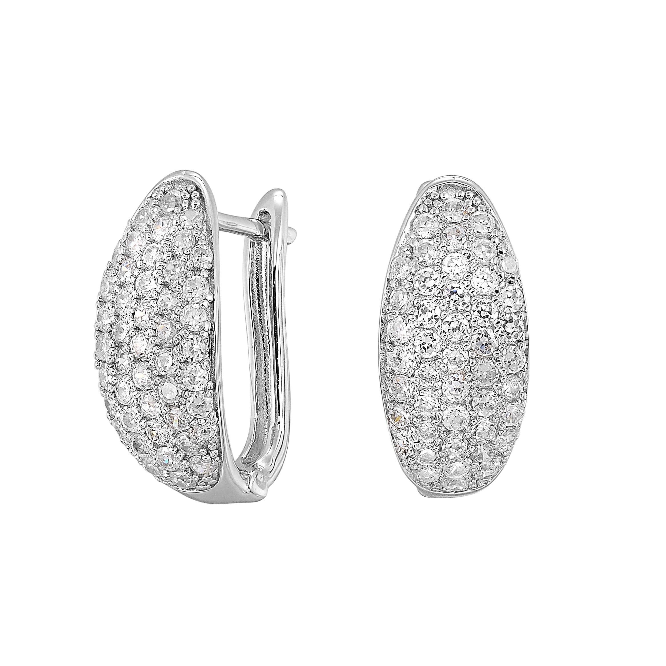 Silver Pavé Diamond Huggie Hoop Earrings