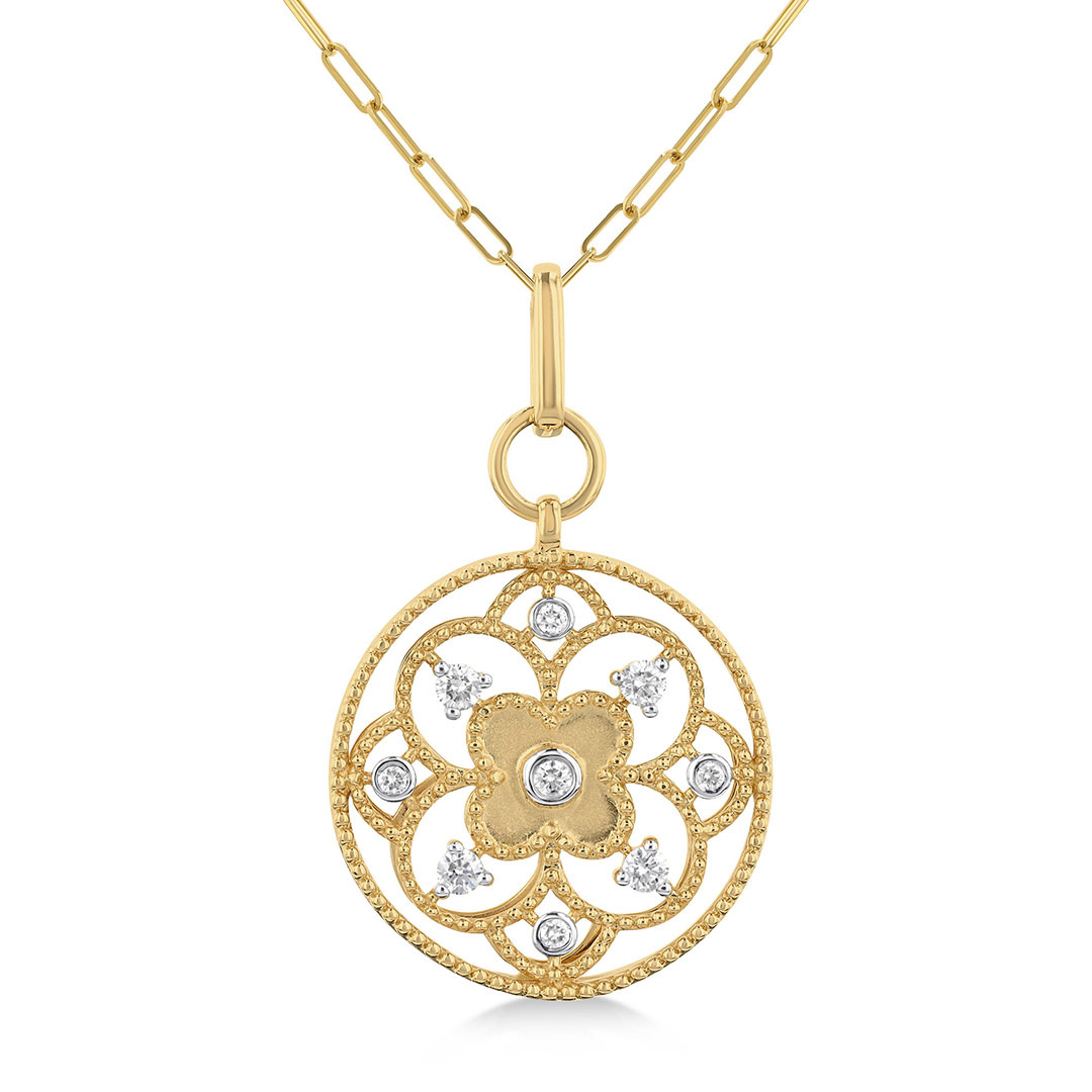 Circle Floral Carving Round Cut Diamond Pendant