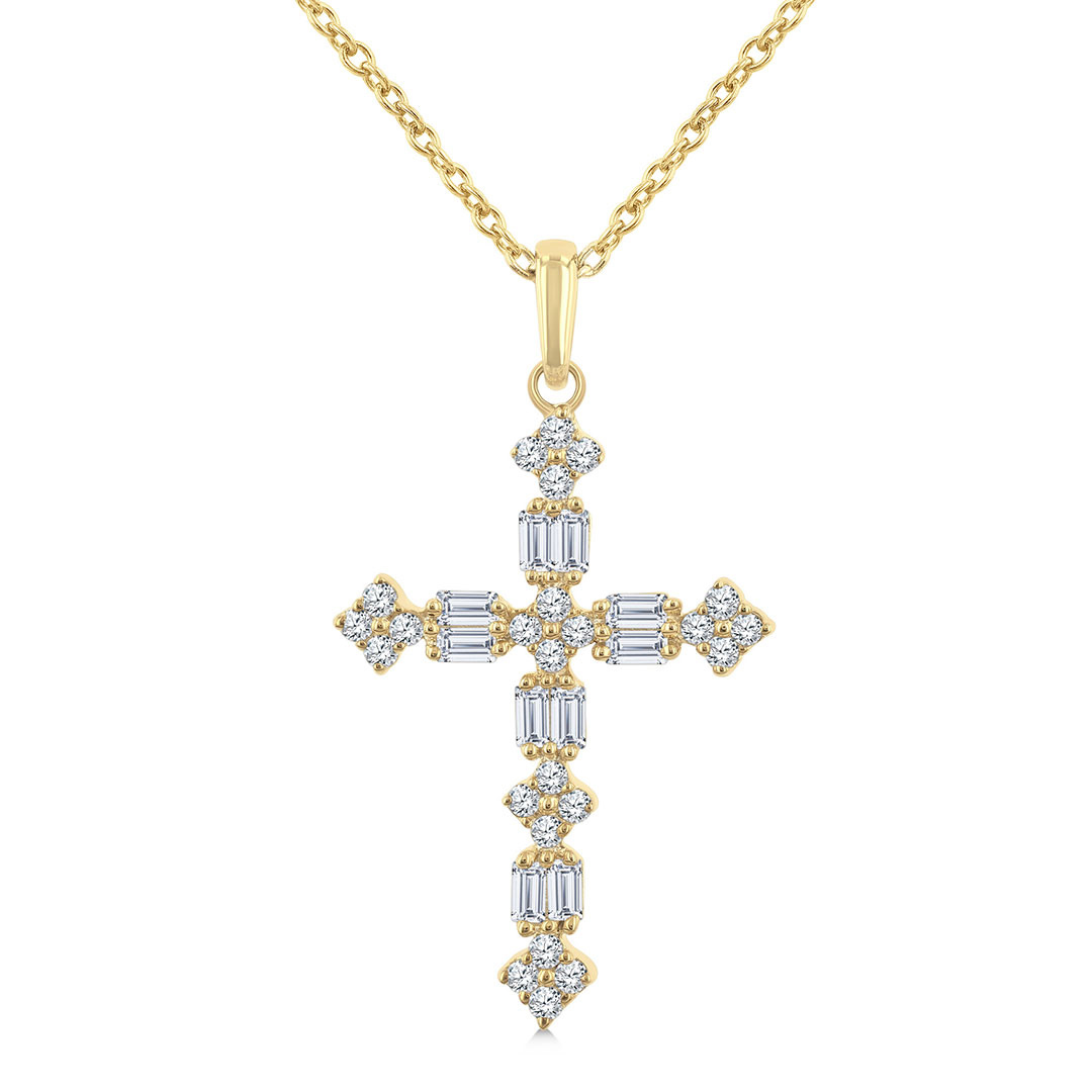 Round & Baguette Diamond Cross Pendant