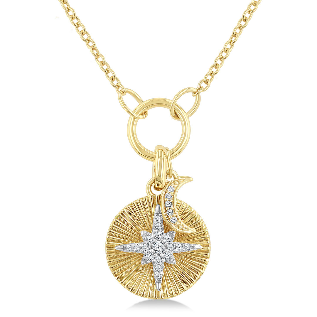Crescent Moon & Star Charm Fluted Round Cut Diamond Pendant