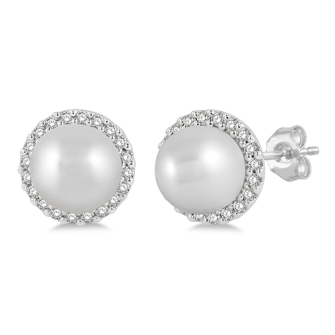 Pearls and Diamond Halo Stud Earrings