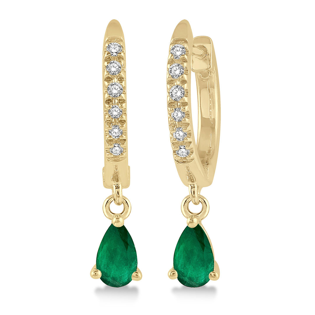 Emerald and Round Cut Diamond Petite Huggie Earrings