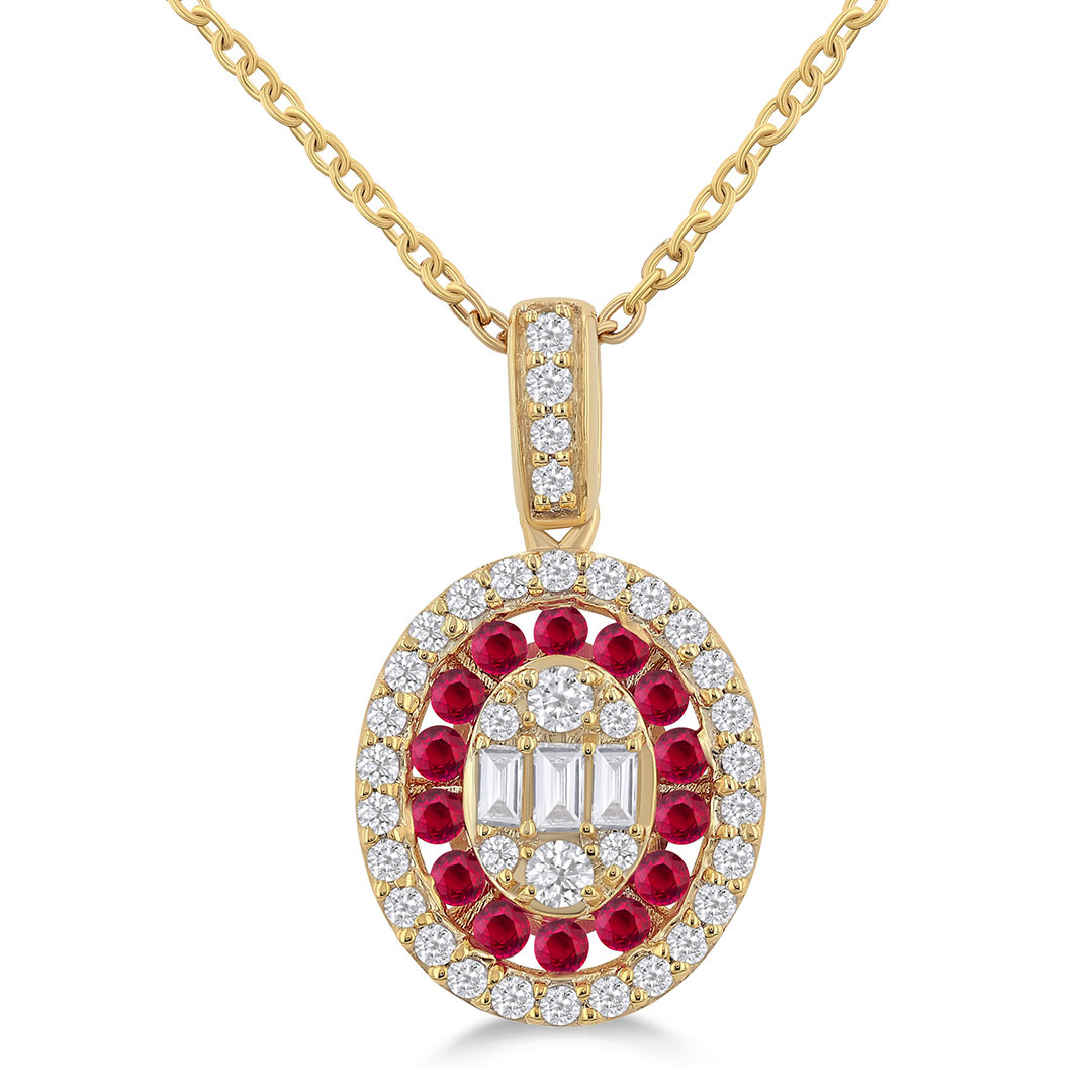 Oval Shape Ruby Baguette and Diamond Pendant