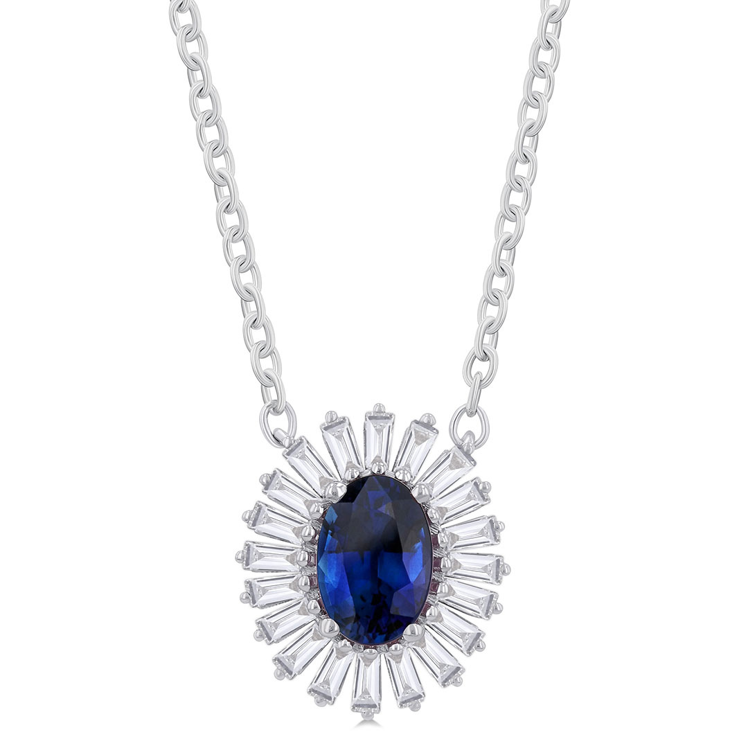 Oval Cut Sapphire and Baguette Diamond Halo Pendant