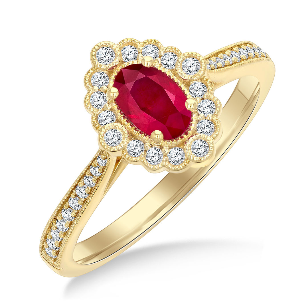 Oval Cut Ruby and Art Deco Diamond Halo Ring
