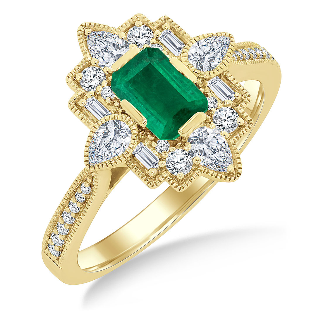 Octagon Cut Emerald and Art Deco Mixed Diamond Ring