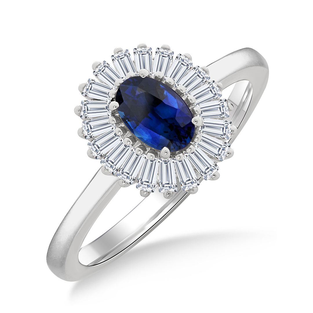 Oval Cut Sapphire and Baguette Cut Diamond Halo Ring