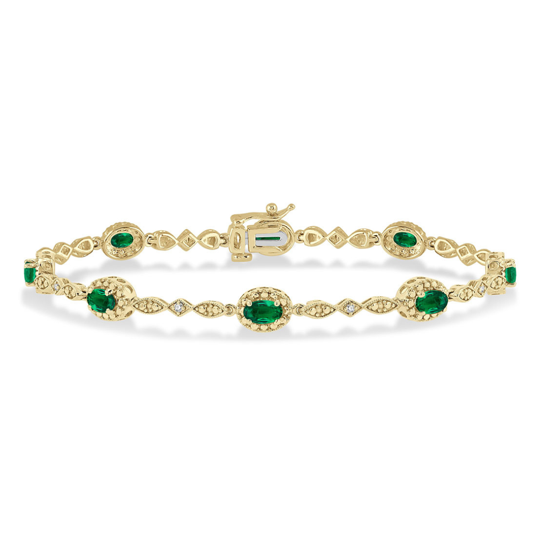 Oval Cut Emerald and Single Cut Diamond Bracelet