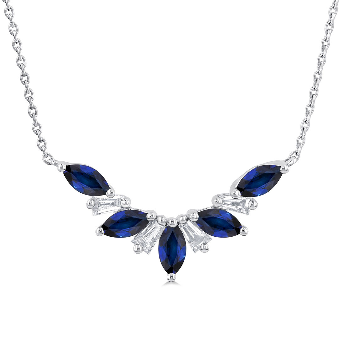 Marquise Cut Sapphire and Baguette Cut Diamond Gemstone Necklace