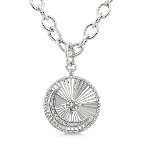 Fluted Circle Moon & Star Medallion Diamond Pendant