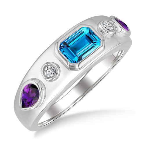 Octagon Shape Blue Topaz & Pear Shape Amethyst Diamond Ring