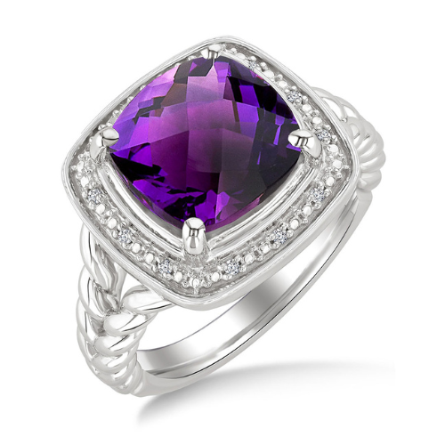 Cushion Shape Amethyst and Diamond Ring