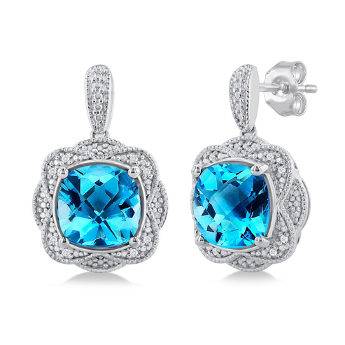 Cushion Shape Blue Topaz and Diamond Earring