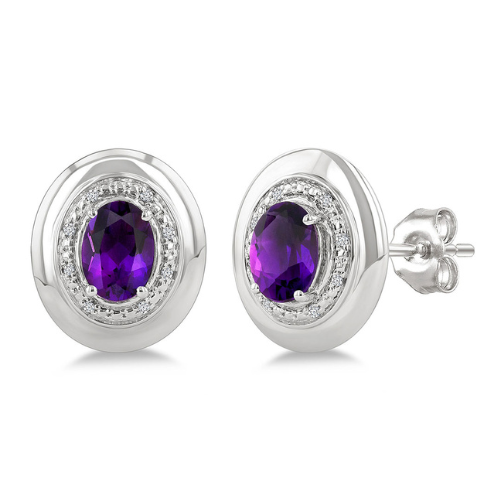 Oval Shape Amethyst and Diamond Earrings