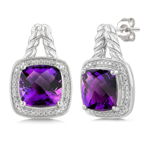 Cushion Shape Amethyst and Diamond Earrings