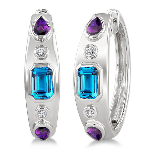 Octagon Shape Blue Topaz & Pear Shape Amethyst Diamond Earrings