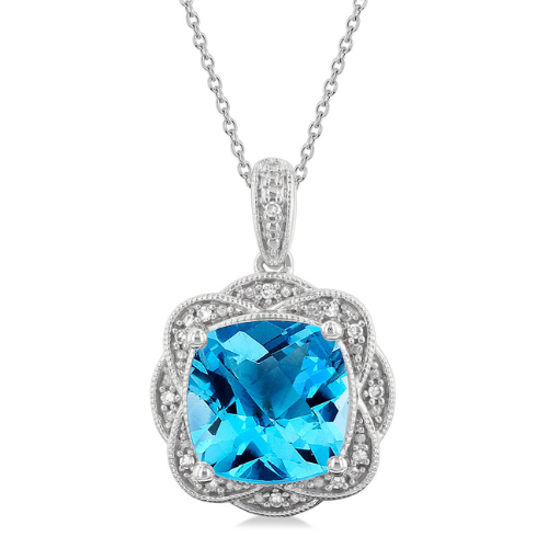 Cushion Shape Blue Topaz and Diamond Pendant