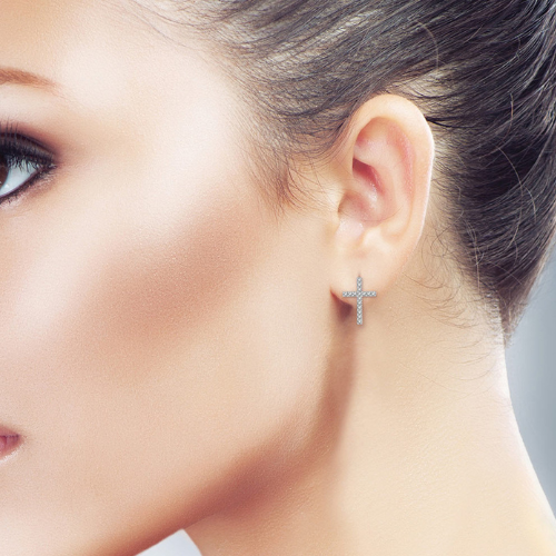 Cross Round Cut Diamond Petite Earrings