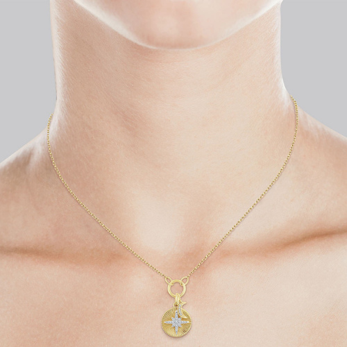 Crescent Moon & Star Charm Fluted Round Cut Diamond Pendant