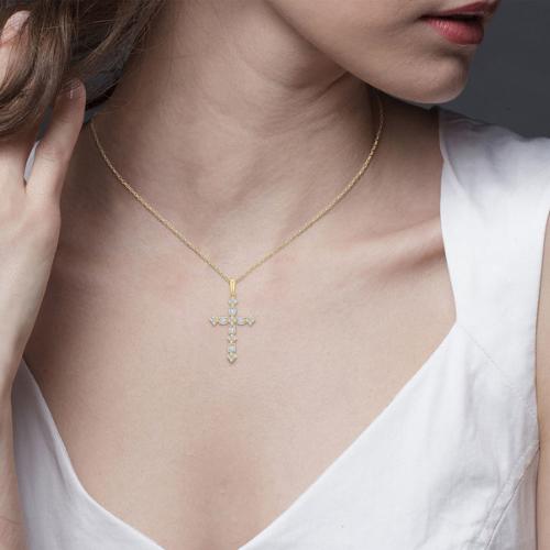 Round & Baguette Diamond Cross Pendant