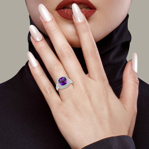 Cushion Shape Amethyst and Diamond Ring