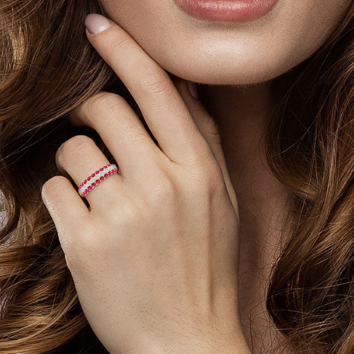 Center Border Round Shape Ruby and Diamond Band