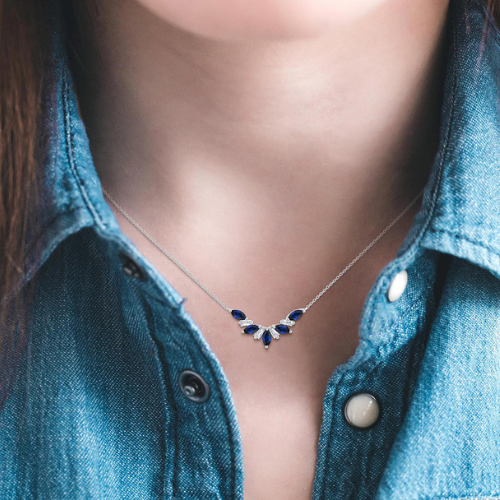 Marquise Cut Sapphire and Baguette Cut Diamond Gemstone Necklace