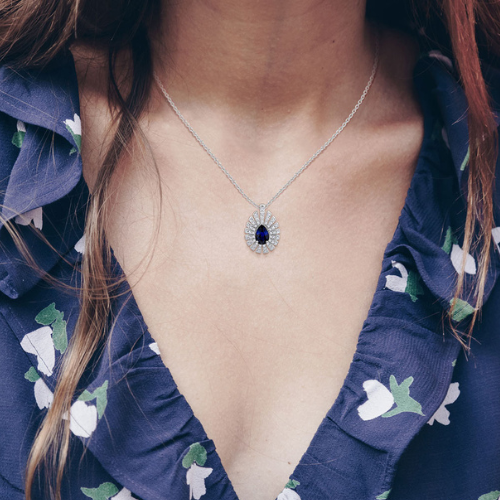 Pear Cut Sapphire and Starburst Diamond Pendant
