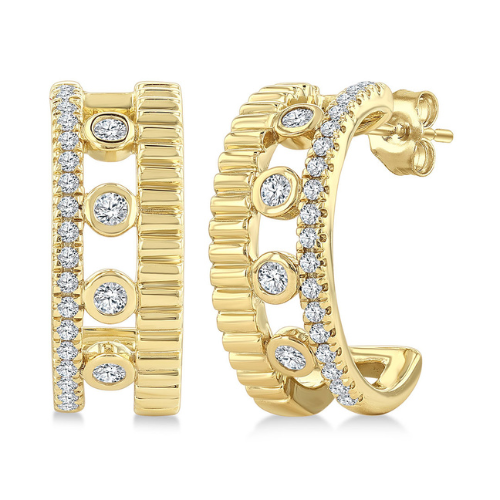 Bezel and Diamond Bold Fluted Layered Hoops Earrings